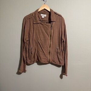 Lucky Brand Jacket Linen Rayon Blend Moto Size XL Brown Full Zip Front Pockets